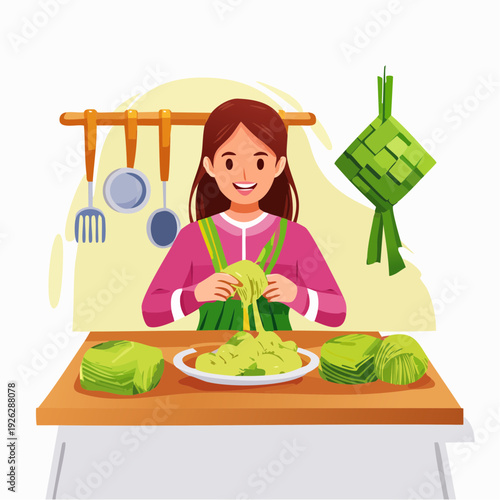 Woman preparing traditional dumplings in a kitchen with cooking utensils.