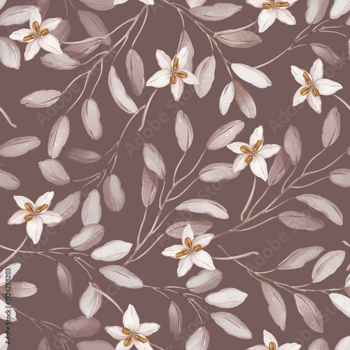 Seamless Watercolor Floral Pattern with White Blossoms and Leaves