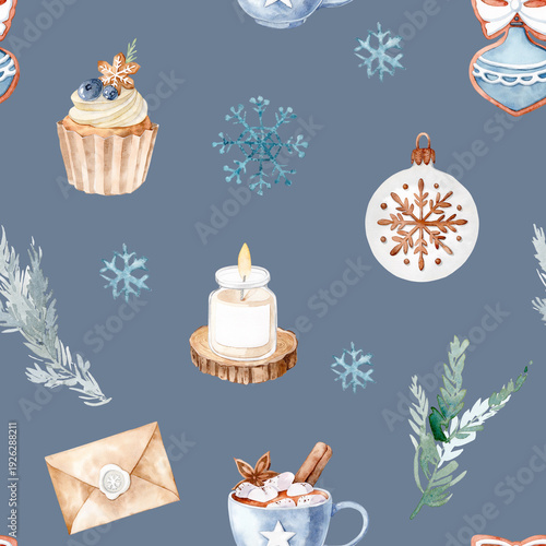 Watercolor Christmas Seamless Pattern with Snowflakes, Cupcake, Candle and Ornaments