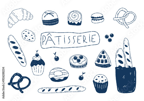 Hand Drawn Patisserie Doodle Set with French Bakery Elements – Mediterranean Ink Line Art Illustration