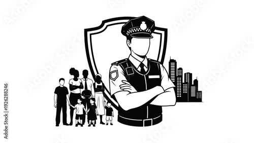 A faceless police officer with arms crossed standing in front of a shield with a family and cityscape behind him in a black and white graphic illustration.