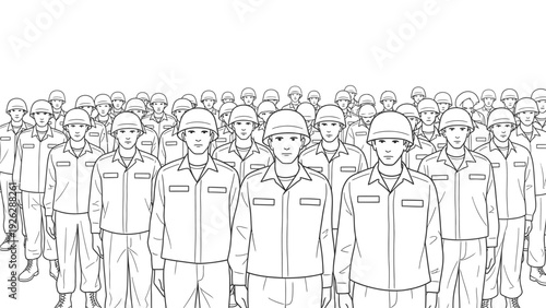 A large group of uniformed workers standing together in a line with a minimalist illustration style on a white background.