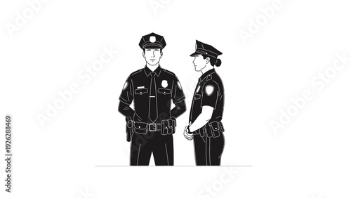 Black and white illustration of a male and female police officer standing side by side in uniform against a plain white background.
