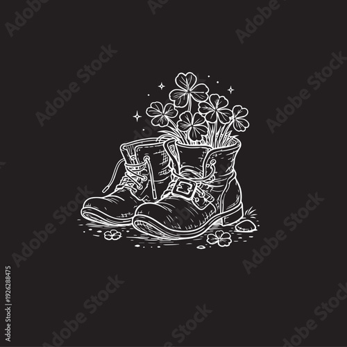 leprechaun boots with clover vector sketch on a black background with chalk