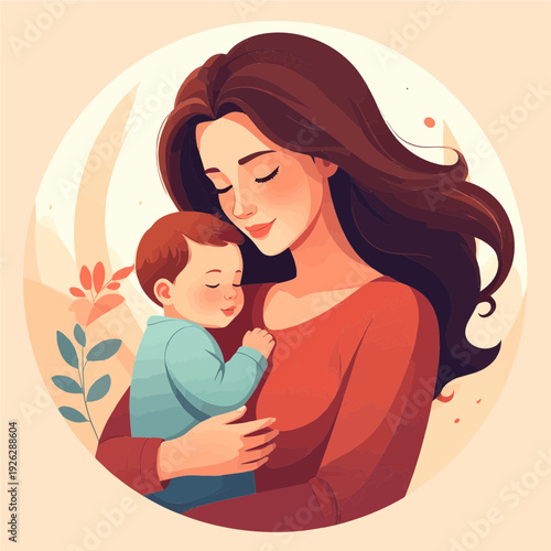A heartwarming illustration of a mother gently cradling her sleeping baby, depicting love, tenderness, and maternal bond in soft, warm tones.