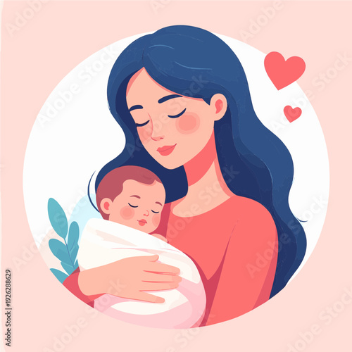 A loving mother gently cradling her sleeping newborn baby, surrounded by hearts, depicting maternal love and care.