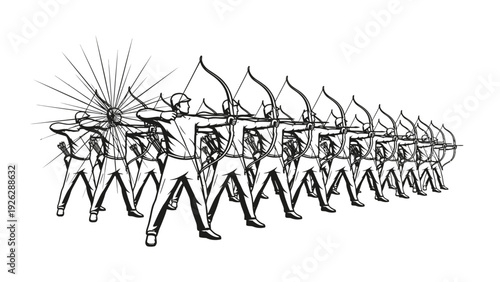 A black and white illustration of a man leading a procession of identical figures, all holding torches, in a simple line drawing style against a plain white background.