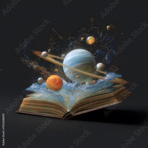 Stylized Open Book with Holographic Planets and Cosmic Elements
