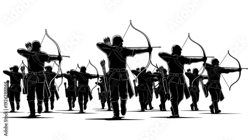 Silhouette of a group of archers standing and aiming bows in various positions against a white background with a dark and focused mood.