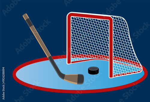 simple vector icon with a hockey stick, puck, and goal on a blue background