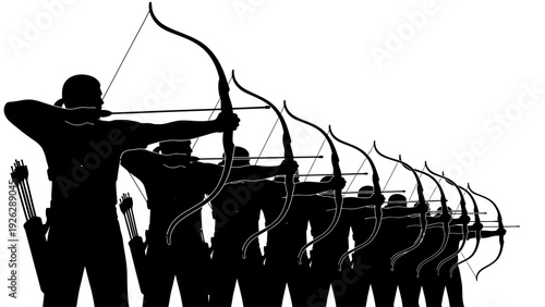 Silhouette of a man drawing a bow and arrow with a line of identical silhouettes in various stages of motion against a white background.