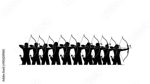 A group of nine black silhouettes of archers standing in a row, aiming bows and arrows to the right against a white background.