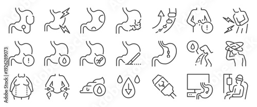 Stomach cancer icon set. It includes stomachache, illness, sick, disease, gist, and more icons. Editable Vector Stroke.