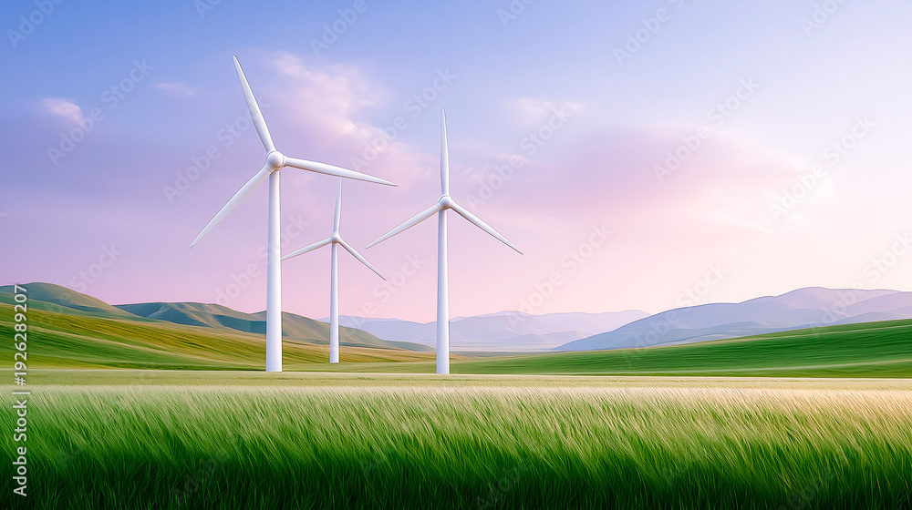 Fototapeta premium Three tall wind turbines on grassy field at colorful sunset with pastel sky and mountain silhouettes in background