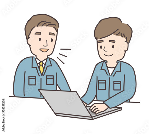 上司からPC作業を教わる男性作業員のイラスト