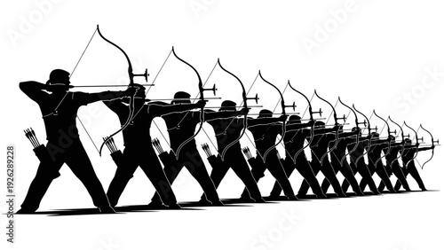 Silhouette of a line of archers aiming bows in unison against a white background with a dark, focused mood.