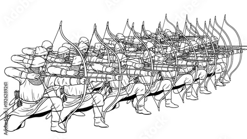 A black and white line drawing of a row of medieval soldiers marching in formation with swords and shields on a plain background.