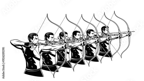 Black and white illustration of a man in multiple positions aiming a bow and arrow in profile with motion effect.