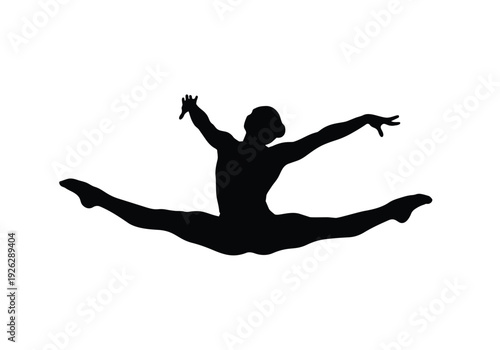 Silhouette of an athlete performing a dynamic split jump. Outstretched arms and legs showcasing flexibility and power. Movement and sports concept.