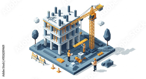 Isometric Construction Site with Crane and Workers.