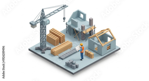 Isometric Construction Site with Crane and Workers.