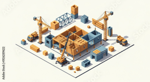 Isometric Construction Site with Cranes and Buildings.