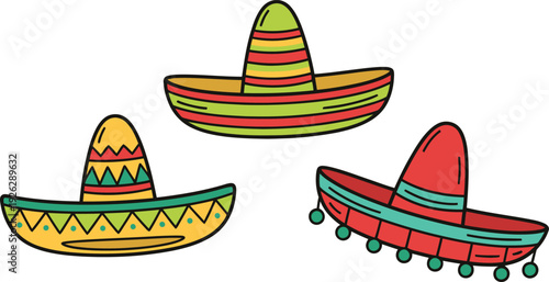 Colorful hand drawn illustration of three traditional mexican sombreros