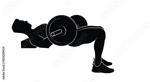 Barbell hip thrust exercise silhouette. Person performing glute bridge with weights. Strength training and fitness concept.