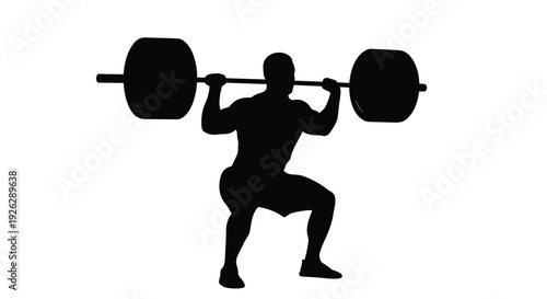 Squat exercise silhouette. Person lifting barbell. Strength training and fitness workout concept.