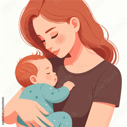 A loving mother gently cradling her sleeping baby, both with reddish hair, in a tender moment of peace and affection.