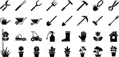 Black and White Icons of Gardening Tools, Plants, and Equipment silhouette watering can