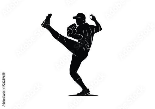 Baseball pitcher silhouette. Dynamic player throwing a ball during a game. Concept of athleticism and competition.