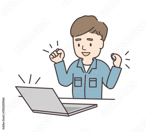 パソコンの前でガッツポーズをする作業服姿の若い男性