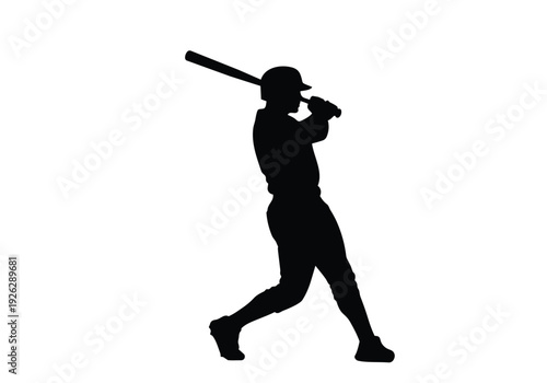Baseball player silhouette. Dynamic athlete swinging bat, isolated graphic illustration. Sport, competition, athleticism concept.