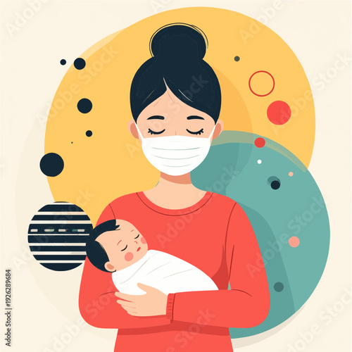 A woman wearing a face mask gently holds a sleeping newborn baby, with an abstract background of yellow and teal circles.