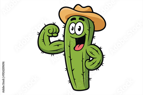 Cheerful cartoon cactus with cowboy hat flexing its bicep on white background character