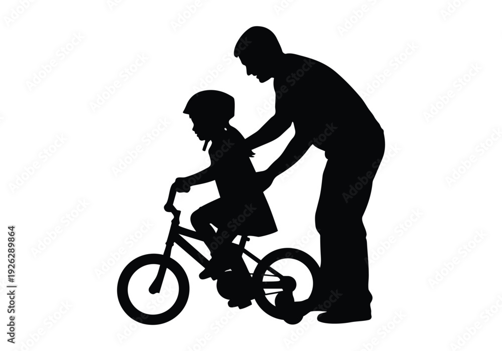 Obraz premium Silhouette vector of a father teaching his daughter to ride a bicycle. Family bonding, outdoor activity, and childhood development concept.