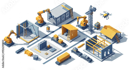 Isometric Construction Site with Heavy Machinery.