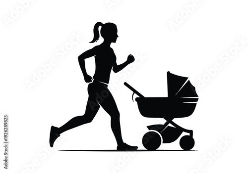Silhouette of a woman running and pushing a baby stroller. Illustrates active motherhood, fitness, and a healthy lifestyle.