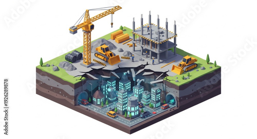 Isometric Construction Site with Underground Infrastructure.