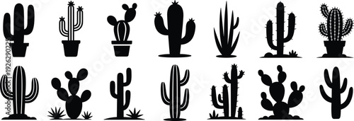 Collection of black silhouette icons of various cactus plants on a white background Keywords: cactus, silhouette, icon, black