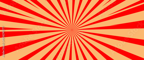 Red Sunburst Pattern Background illustration. Bold red and beige radial burst vector background with dynamic sunburst rays, creating a retro, energetic, and eye-catching vintage style design.