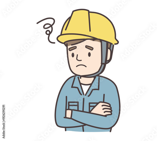 腕を組んで悩む男性作業員のイラスト