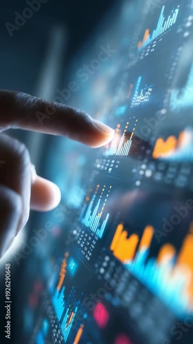Person’s finger touches high tech screen filled with dynamic charts, bar graphs, data visualizations. Represents advanced analytics, digital transformation, smart business solutions
