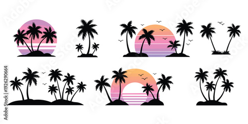 Collection of tropical palm tree silhouettes against colorful gradient sunsets on white palm trees beach