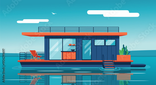 Vector Illustration of a Vibrant Cartoon-Style Houseboat on Calm Waters in a Serene Outdoor Setting