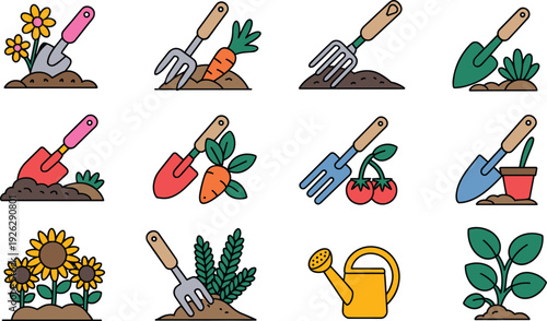 Colorful Gardening Icons with Plants and Tools on White Background Keywords: gardening, icons, colorful, plants, tools, shovel