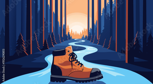 Vector Illustration of Hikingboot on Winding River in Dense Forest with Vibrant Sunset