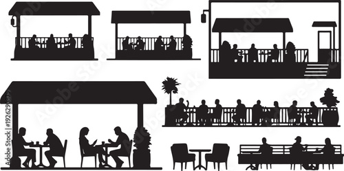 Silhouettes of people dining at outdoor restaurant settings together