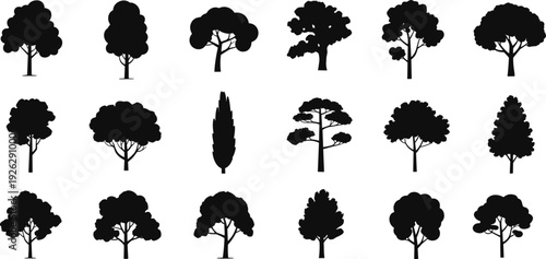 Diverse collection of black silhouette trees with varied shapes and foliage on white background Keywords: tree, silhouette